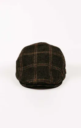 Casquette plate à carreaux en sergé vert olive