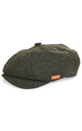 Chapeau Baker Boy Vert Olive Tweed à Chevrons