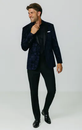 Veste de smoking en velours jacquard floral marine bleu