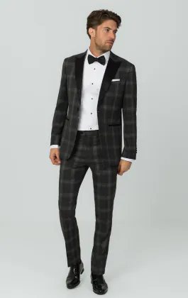 Veste de smoking à carreaux écossais gris avec revers à pointe