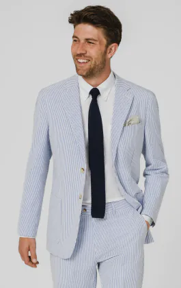 Veste de costume bleu et blanc en seersucker