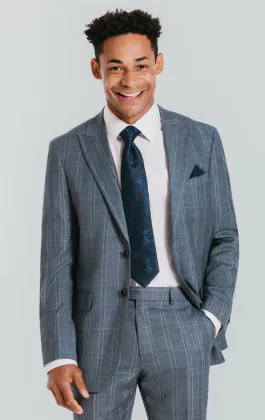 Veste de costume à carreaux bleu clair avec revers à pointe