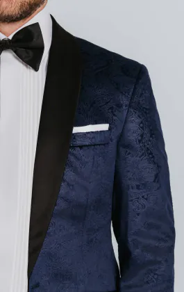 Veste de smoking en velour motif cachemire bleu marine