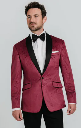 Veste de smoking en velour motif cachemire bordeaux