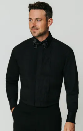 Chemise habillée noire, plissée devant, col standard