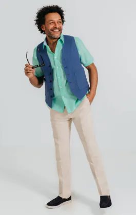 Chemise à manches courtes en lin aqua