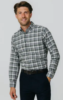 Chemise en coton brossé à carreaux verts et gris