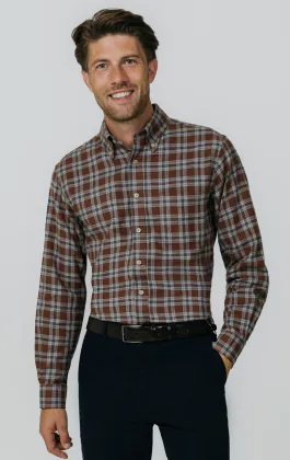 Chemise en coton brossé à carreaux rouille et gris