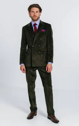 Costume Croisé en Velours Côtelé Vert