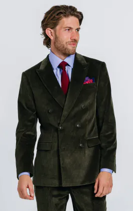 Costume Croisé en Velours Côtelé Vert