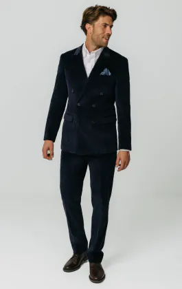 Costume croisé en velours côtelé bleu marine