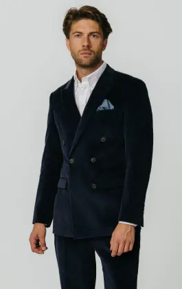Costume croisé en velours côtelé bleu marine