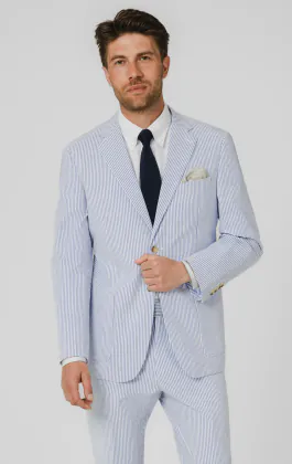 Costume bleu et blanc en seersucker