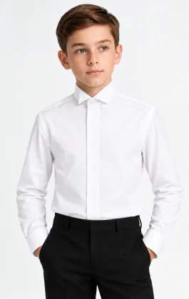 Chemise habillée unie boutonnée sous-patte, col cassé, garçon