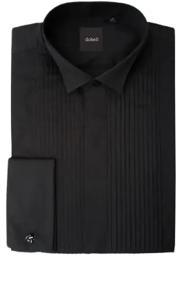 Chemise habillée noire, plissée devant, col cassé