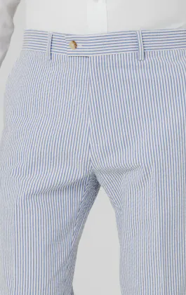 Pantalon de costume bleu et blanc en seersucker