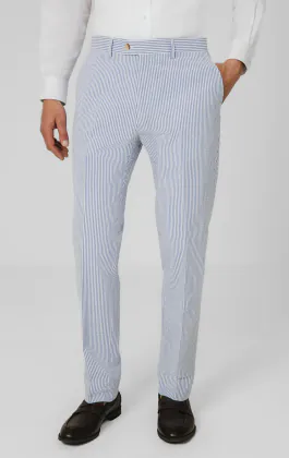 Pantalon de costume bleu et blanc en seersucker