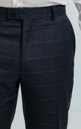 Pantalon de Costume Bleu Marine à Carreaux Rose