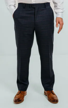 Pantalon de Costume Bleu Marine à Carreaux Rose