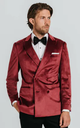 Smoking croisé velours bordeaux avec pantalon noir