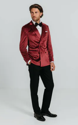 Smoking croisé velours bordeaux avec pantalon noir
