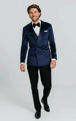 Smoking croisé velours noir avec pantalon bleu marine