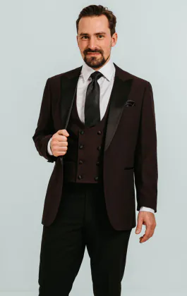 Smoking 3 Pièces Bordeaux à Col en Pique avec Pantalon Noir