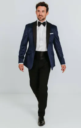 Smoking en velour motif cachemire bleu marine avec pantalon noir