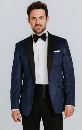 Smoking en velour motif cachemire bleu marine avec pantalon noir