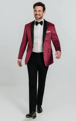 Smoking en velour motif cachemire bordeaux avec pantalon noir