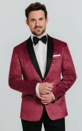 Smoking en velour motif cachemire bordeaux avec pantalon noir