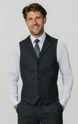 Gilet tweed Donegal gris à revers cranté