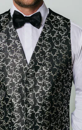 Gilet jacquard motif swirl Edwardien noir/argent