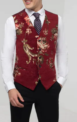 Gilet en brocart rouge floral