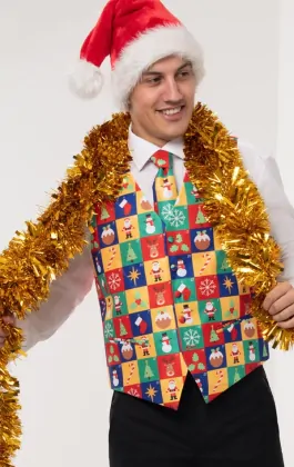 Gilet Festif De Noël Pour Homme - Coupe Ajustée, Motif Santa, Pour Fêtes Et Mariages