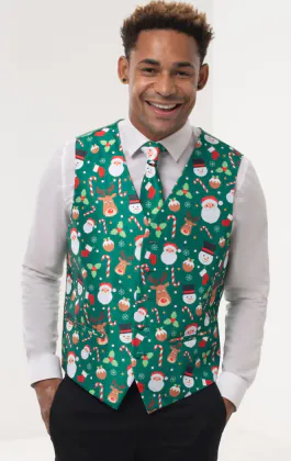 Gilet de Noël vert Père Noël & amis
